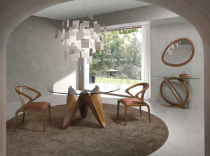 Round dining table in tempered glass and walnut