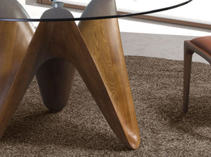 Round dining table in tempered glass and walnut