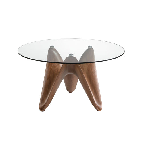 Round dining table in tempered glass and walnut