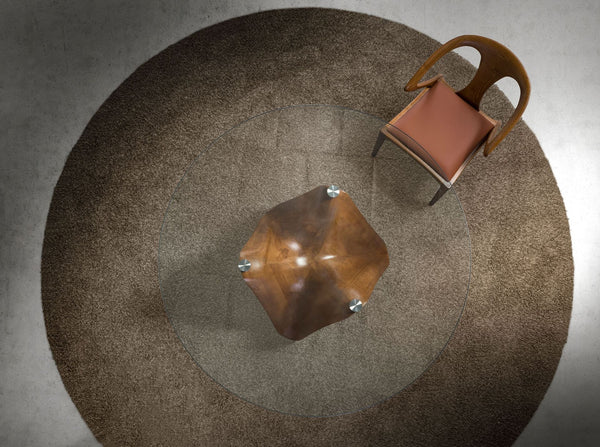Round dining table in tempered glass and walnut