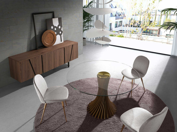 Round dining table in tempered glass and walnut