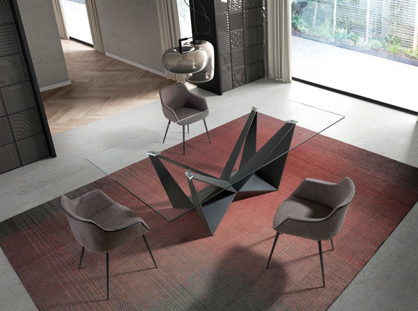Rectangular dining table with tempered glass and black steel