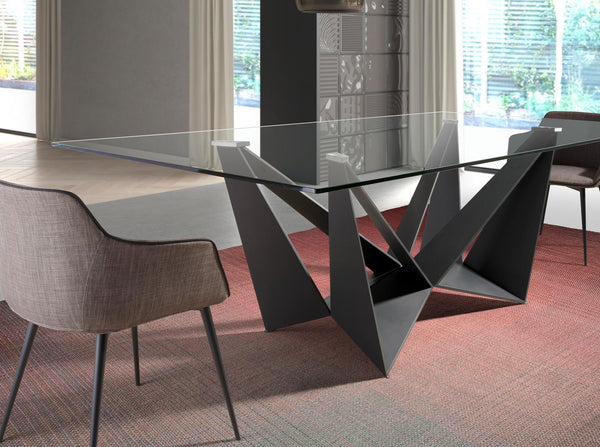 Rectangular dining table with tempered glass and black steel