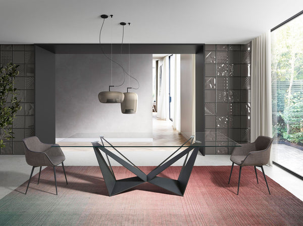 Rectangular dining table with tempered glass and black steel