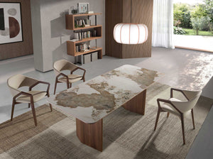 Rectangular porcelain marble and walnut dining table