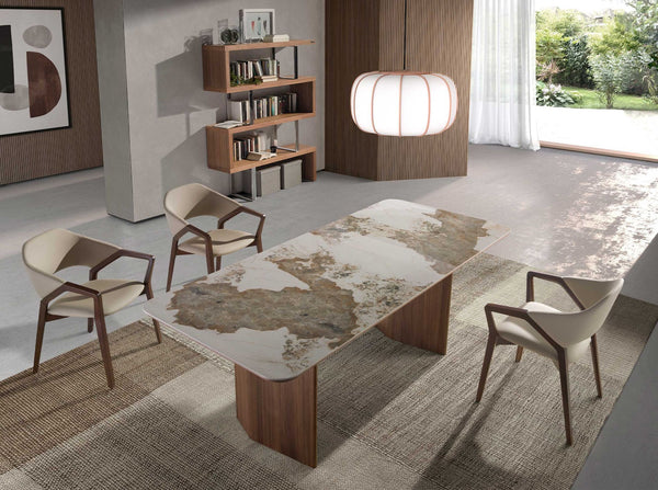 Rectangular porcelain marble and walnut dining table