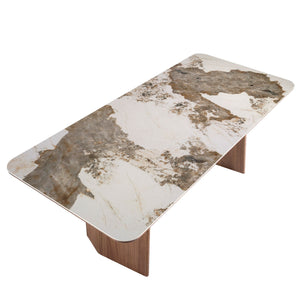 Rectangular porcelain marble and walnut dining table