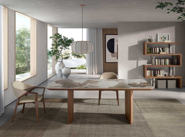 Rectangular porcelain marble and walnut dining table