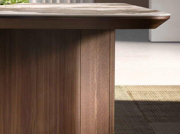 Rectangular porcelain marble and walnut dining table