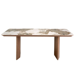 Rectangular porcelain marble and walnut dining table