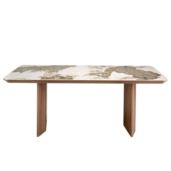 Rectangular porcelain marble and walnut dining table