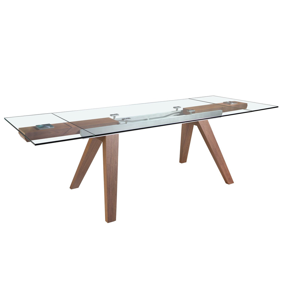 Rectangular extendable dining table in tempered glass and walnut