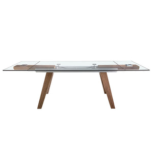 Rectangular extendable dining table in tempered glass and walnut