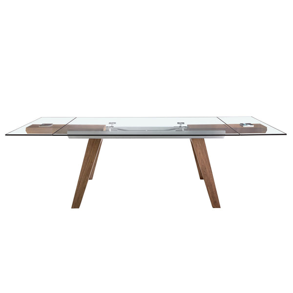 Rectangular extendable dining table in tempered glass and walnut