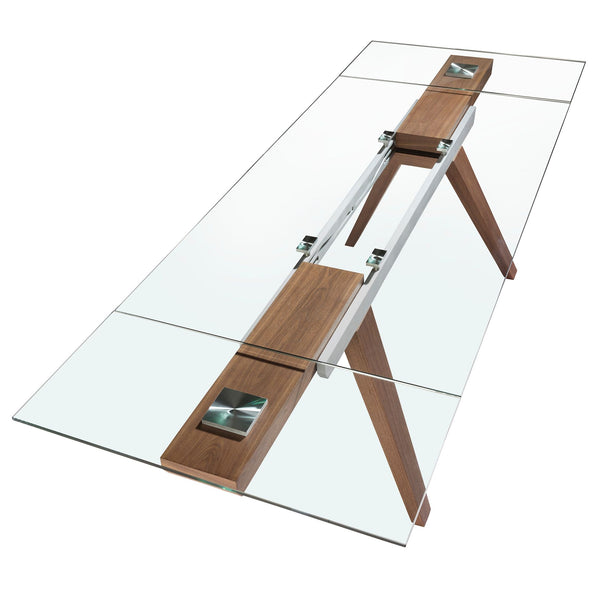 Rectangular extendable dining table in tempered glass and walnut
