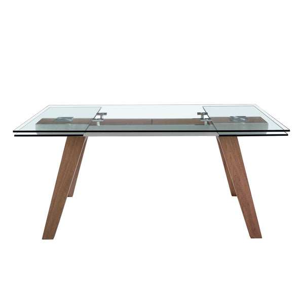 Rectangular extendable dining table in tempered glass and walnut