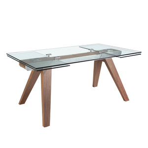 Rectangular extendable dining table in tempered glass and walnut