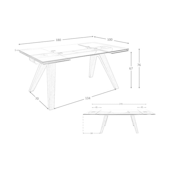 Rectangular extendable dining table in tempered glass and walnut