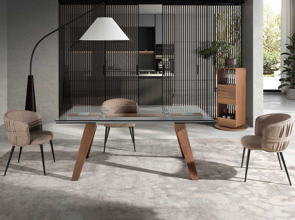Rectangular extendable dining table in tempered glass and walnut