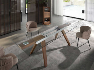 Rectangular extendable dining table in tempered glass and walnut