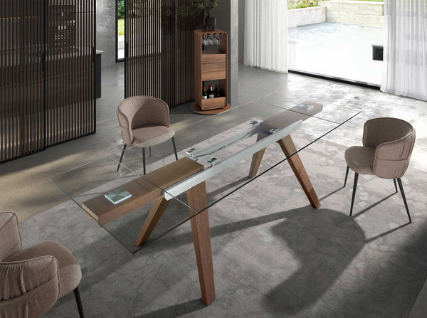 Rectangular extendable dining table in tempered glass and walnut