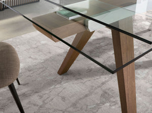 Rectangular extendable dining table in tempered glass and walnut