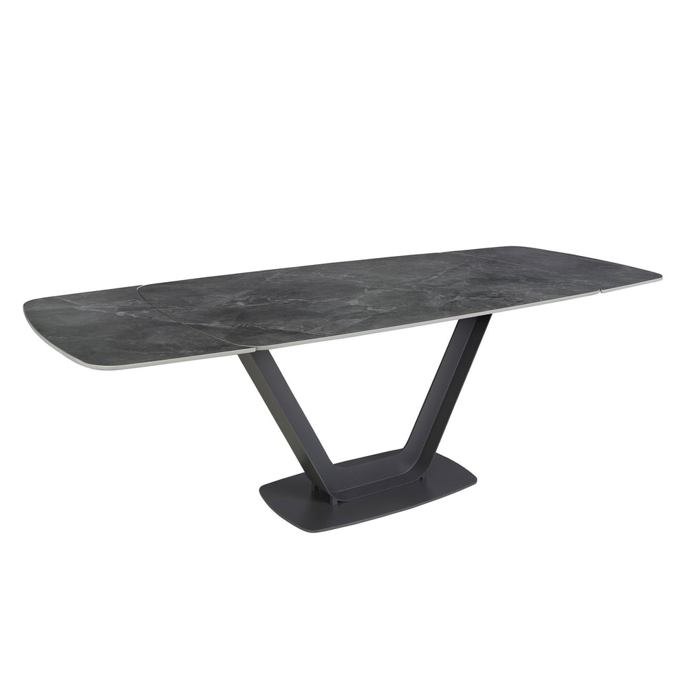 Extendable oval barrel dining table in porcelain marble and black steel