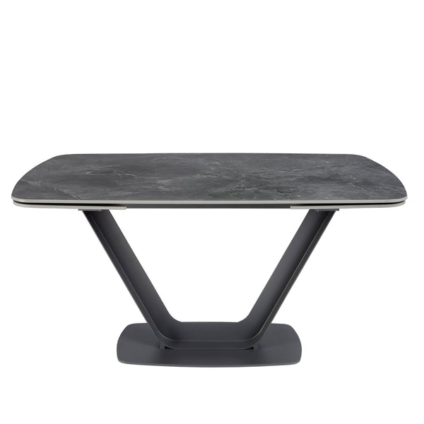 Extendable oval barrel dining table in porcelain marble and black steel