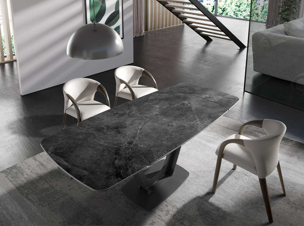 Extendable oval barrel dining table in porcelain marble and black steel