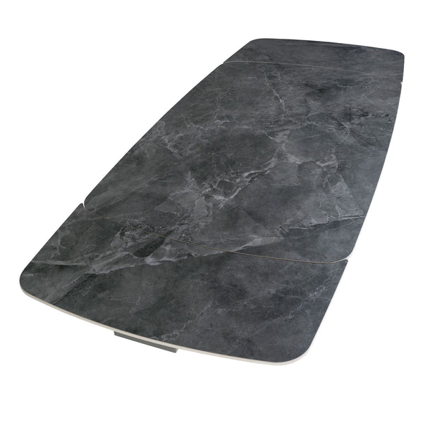 Extendable oval barrel dining table in porcelain marble and black steel