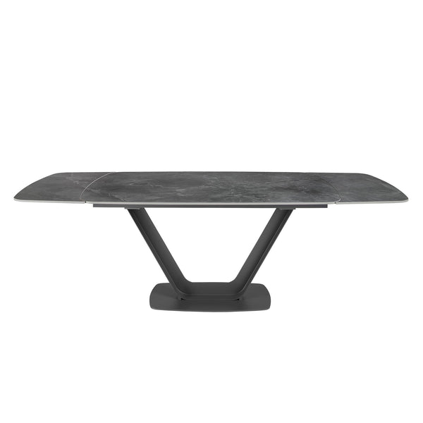 Extendable oval barrel dining table in porcelain marble and black steel