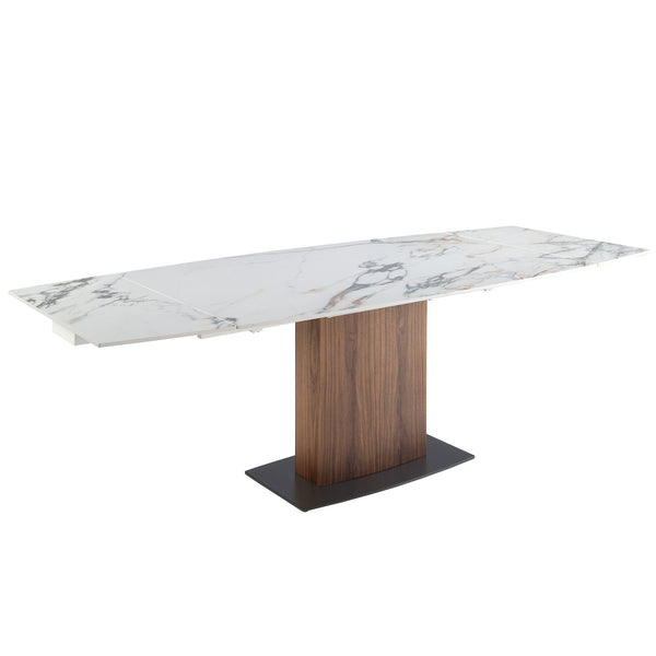 Extendable oval barrel dining table in porcelain marble and walnut