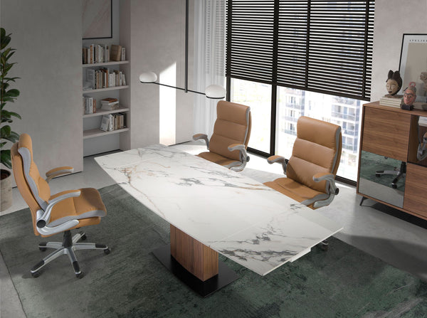 Extendable oval barrel dining table in porcelain marble and walnut