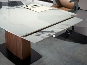 Extendable oval barrel dining table in porcelain marble and walnut