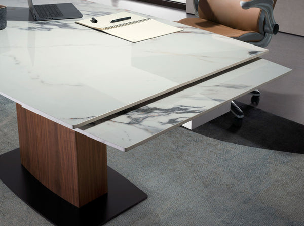 Extendable oval barrel dining table in porcelain marble and walnut