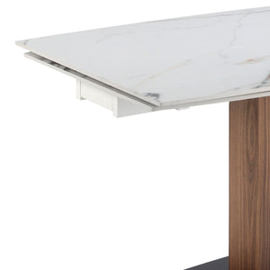 Extendable oval barrel dining table in porcelain marble and walnut