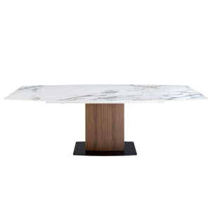 Extendable oval barrel dining table in porcelain marble and walnut