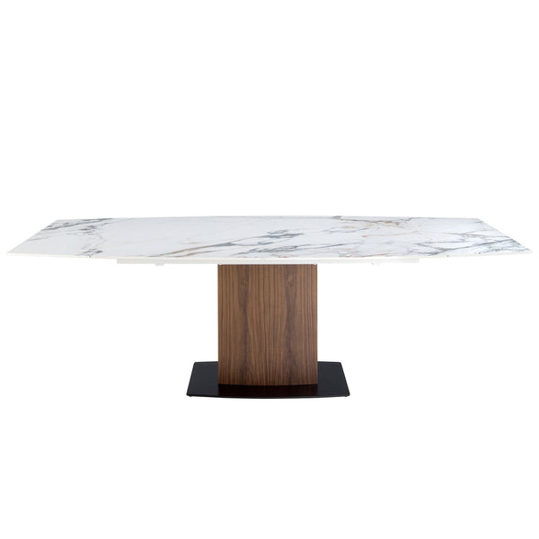 Extendable oval barrel dining table in porcelain marble and walnut