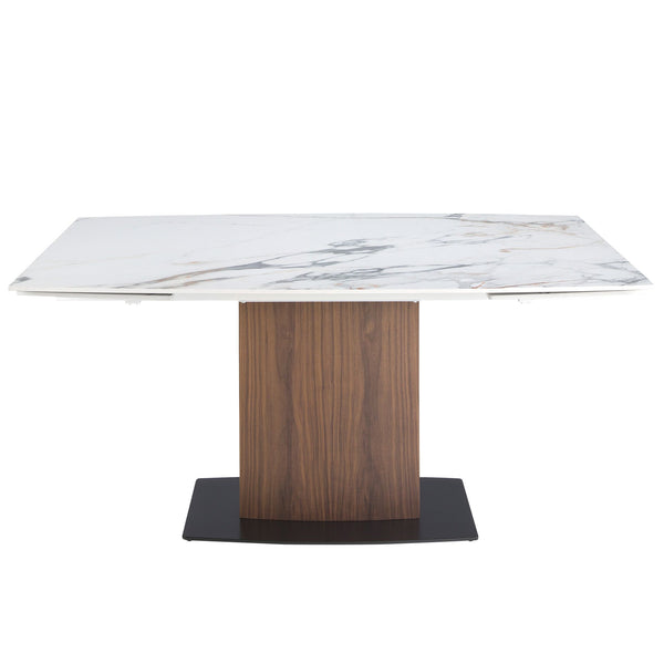 Extendable oval barrel dining table in porcelain marble and walnut