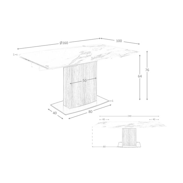 Extendable oval barrel dining table in porcelain marble and walnut