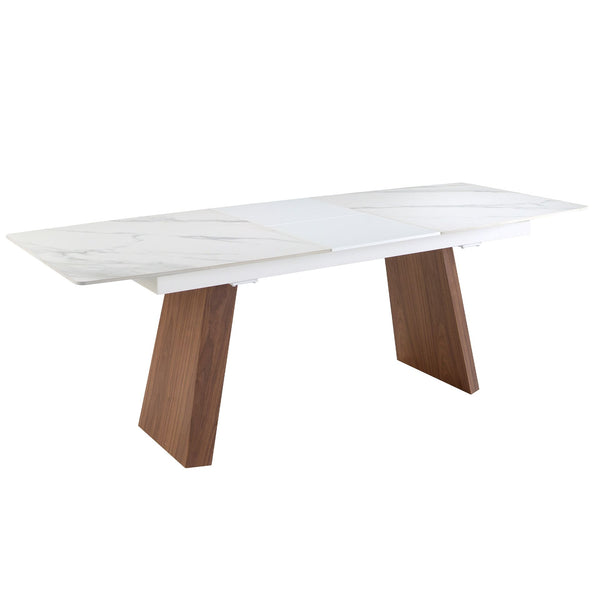 Extendable oval barrel dining table in porcelain marble and walnut