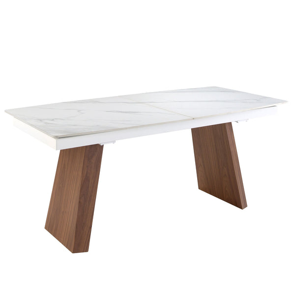Extendable oval barrel dining table in porcelain marble and walnut