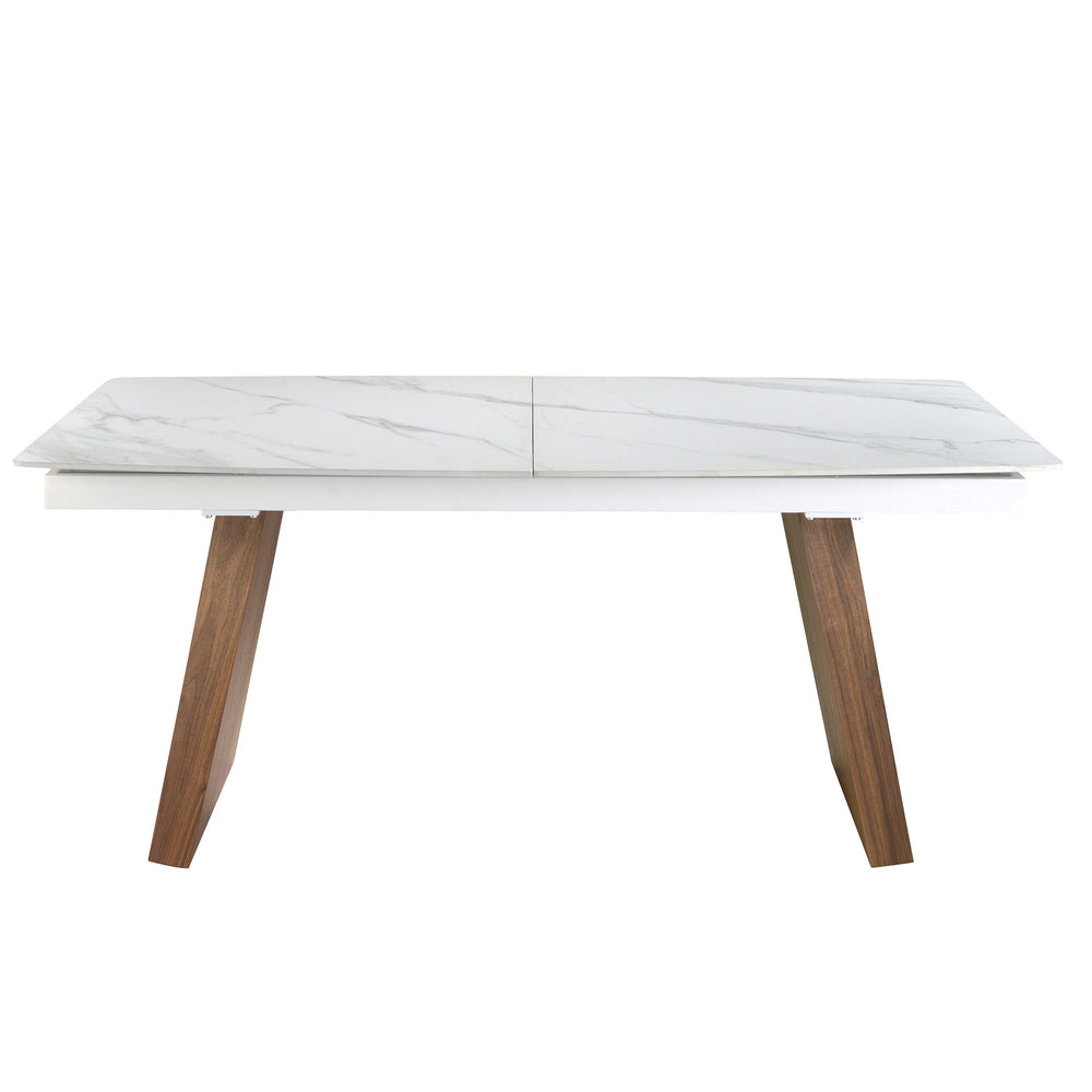 Extendable oval barrel dining table in porcelain marble and walnut