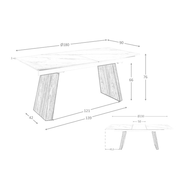 Extendable oval barrel dining table in porcelain marble and walnut