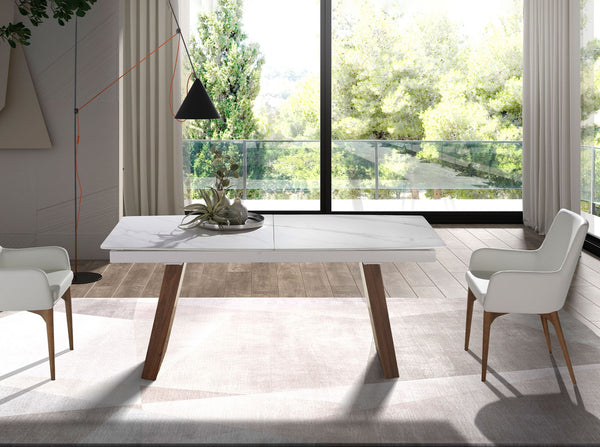 Extendable oval barrel dining table in porcelain marble and walnut