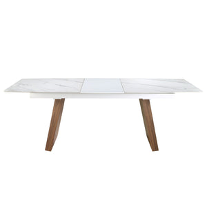 Extendable oval barrel dining table in porcelain marble and walnut