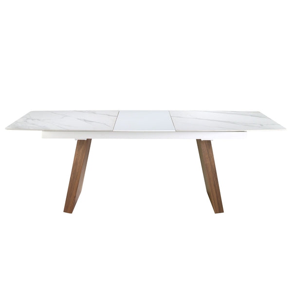 Extendable oval barrel dining table in porcelain marble and walnut