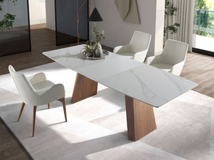 Extendable oval barrel dining table in porcelain marble and walnut