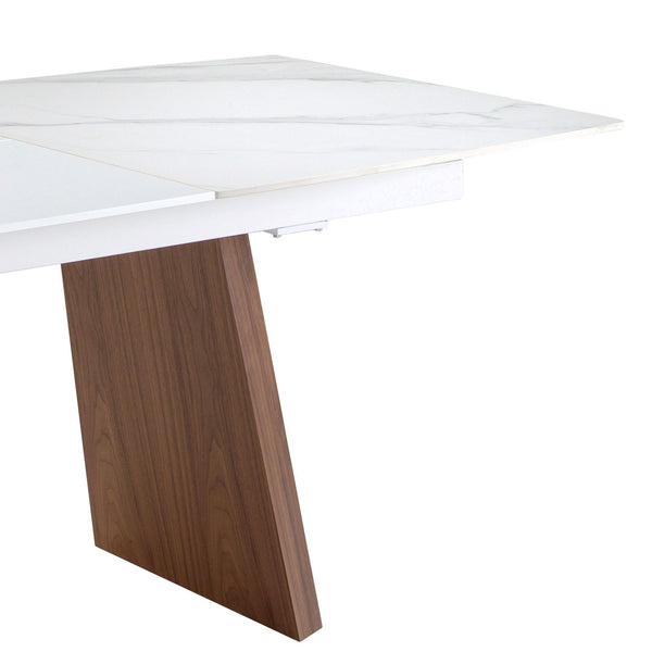 Extendable oval barrel dining table in porcelain marble and walnut
