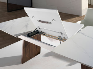Extendable oval barrel dining table in porcelain marble and walnut
